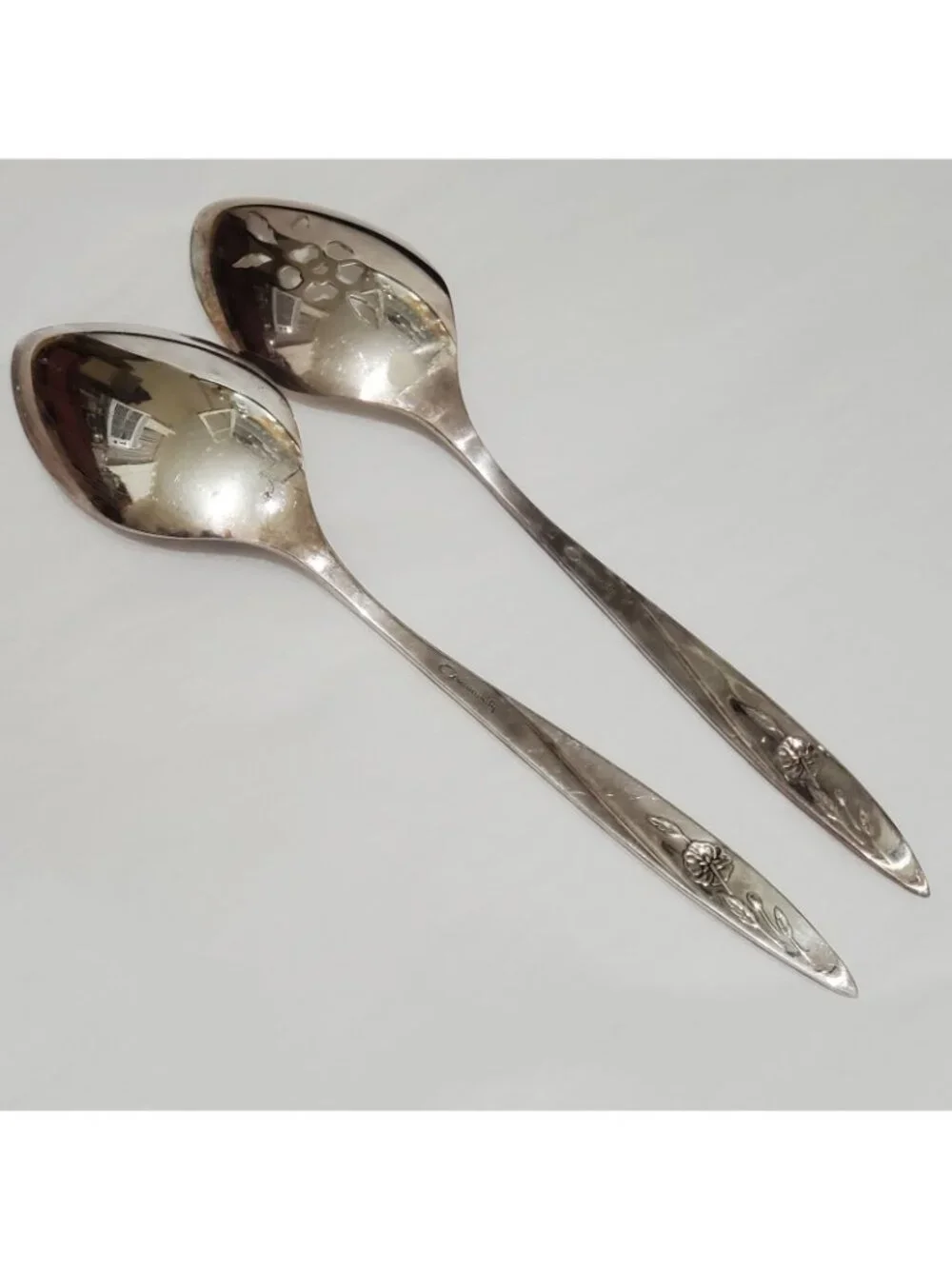 Oneida Morning Rose Serving Spoons Set  silverplate floral 1960s slotted 8.75